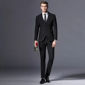 Slim Fit Men’s Suit for Banquets, 2-Button Flat Collar