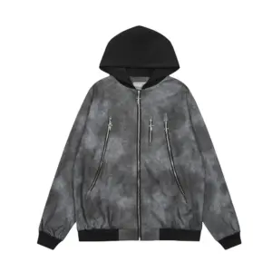 Black Tie-Dye Gradient PU Leather Jacket for Men with Zipper Pockets