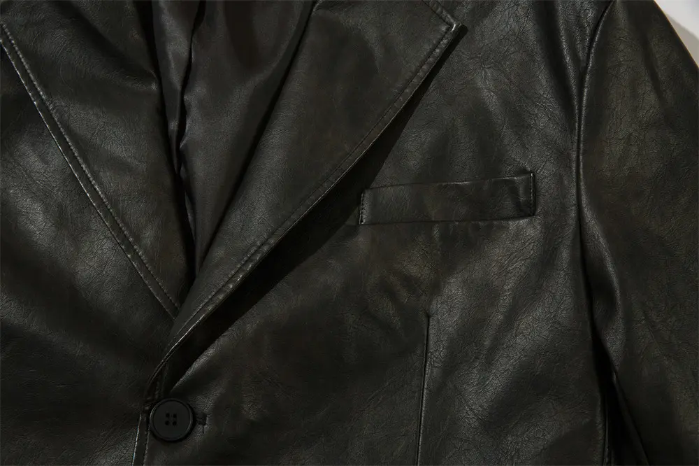 Loose Fit Black PU Leather Suit Jacket for Winter - Men