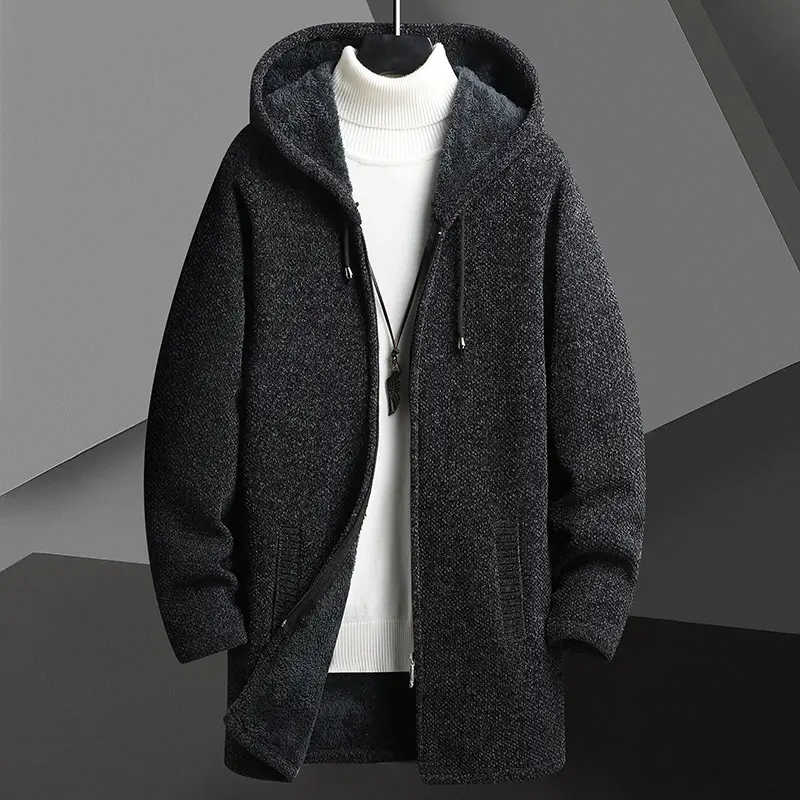 Fall Winter Men Fleece-lined Mid-length Zipper Hooded Sweater Cardigan Fall Winter Men Fleece-lined Mid-length Zipper Hooded Sweater Cardigan