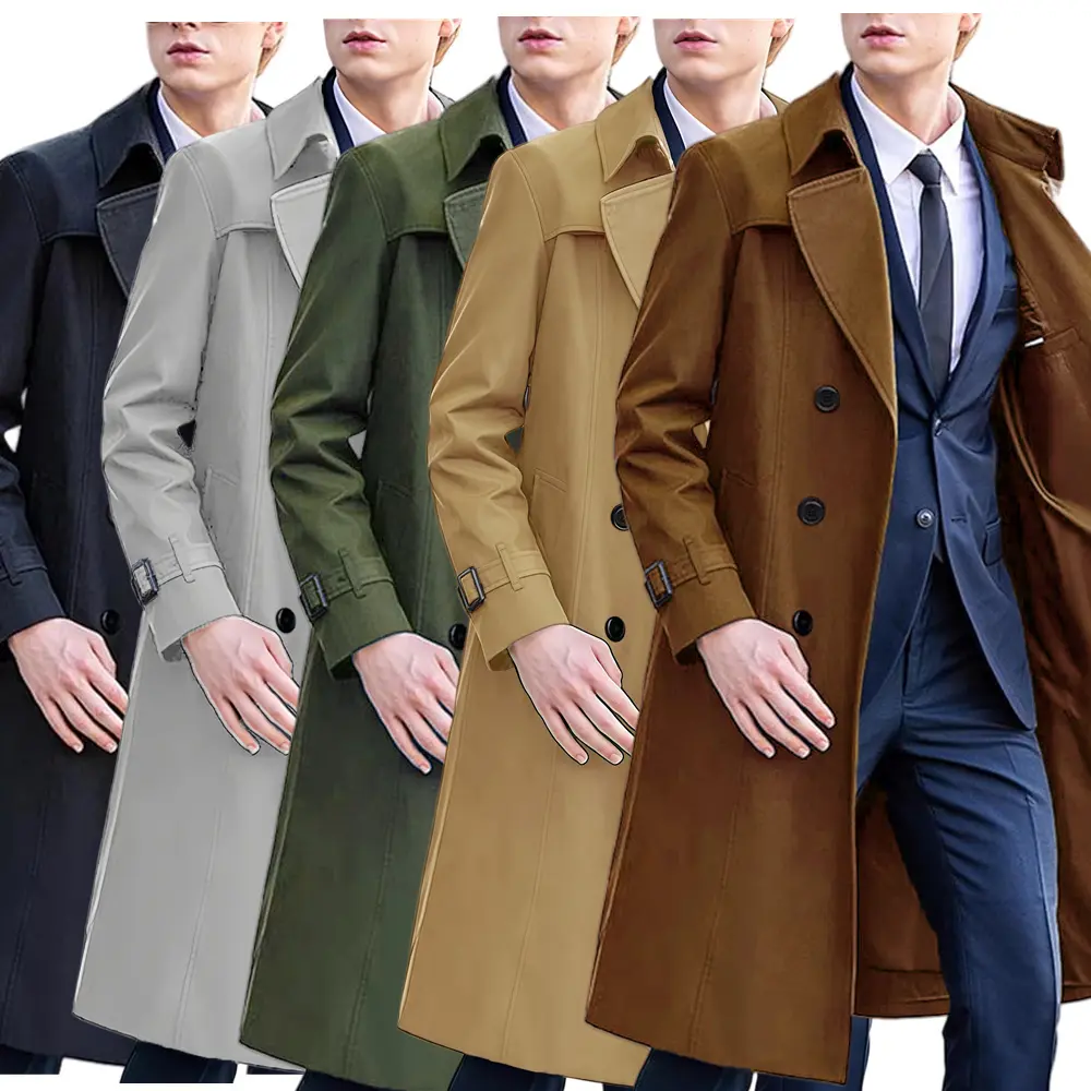 Men’s Long Trench Coat in Polyester Blend, Solid Color Men’s Long Trench Coat in Polyester Blend, Solid Color