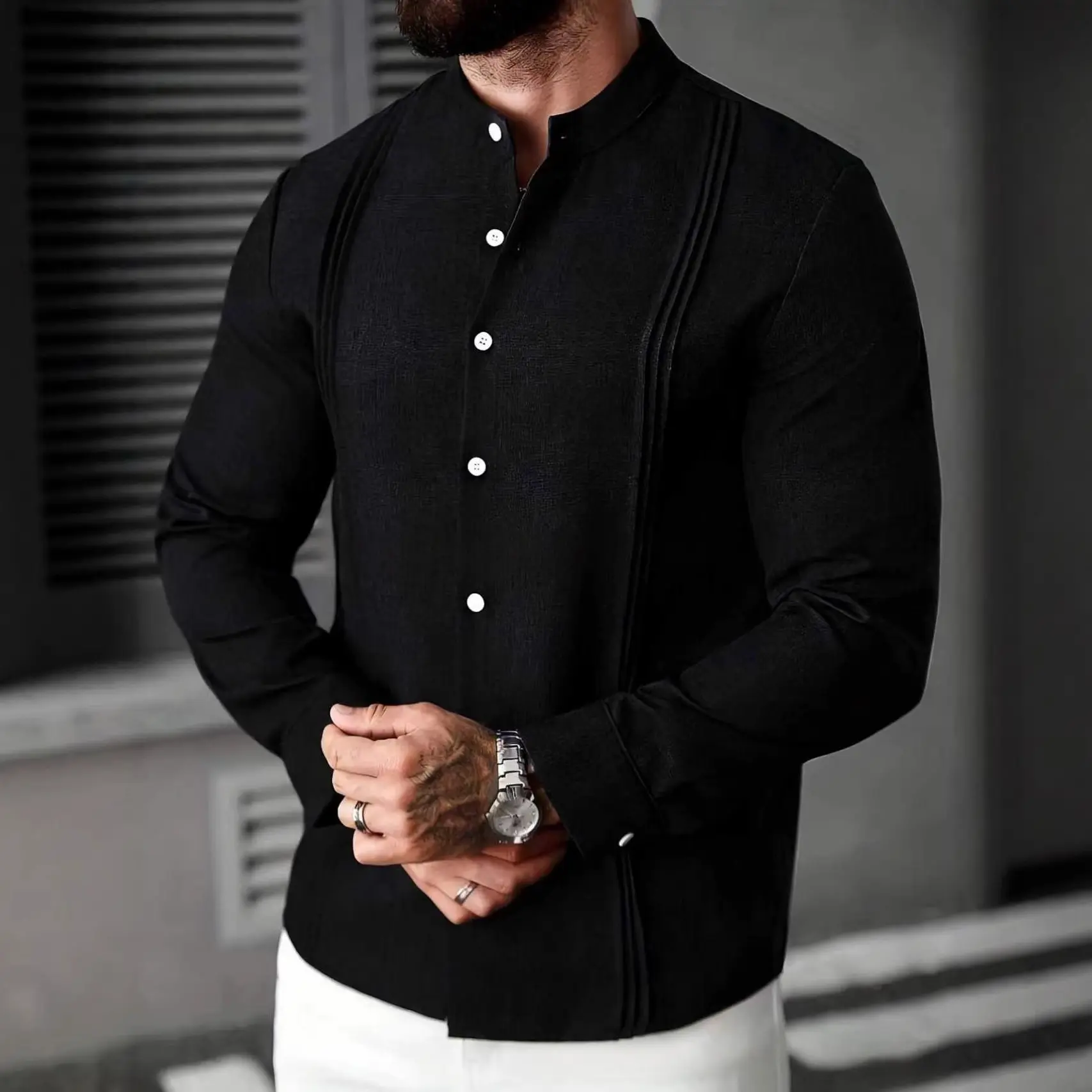 Slim Fit Stand Collar Long Sleeve Shirt for Men - Polyester Slim Fit Stand Collar Long Sleeve Shirt for Men - Polyester