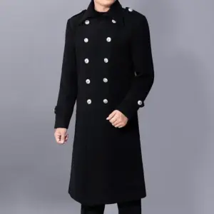 Slim-Fit Men’s Wool Coat in Black with Pleated Patch Pocket