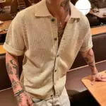 Hollow-out Knitted Short-Sleeve Men's Half-Sleeve T-Shirt
