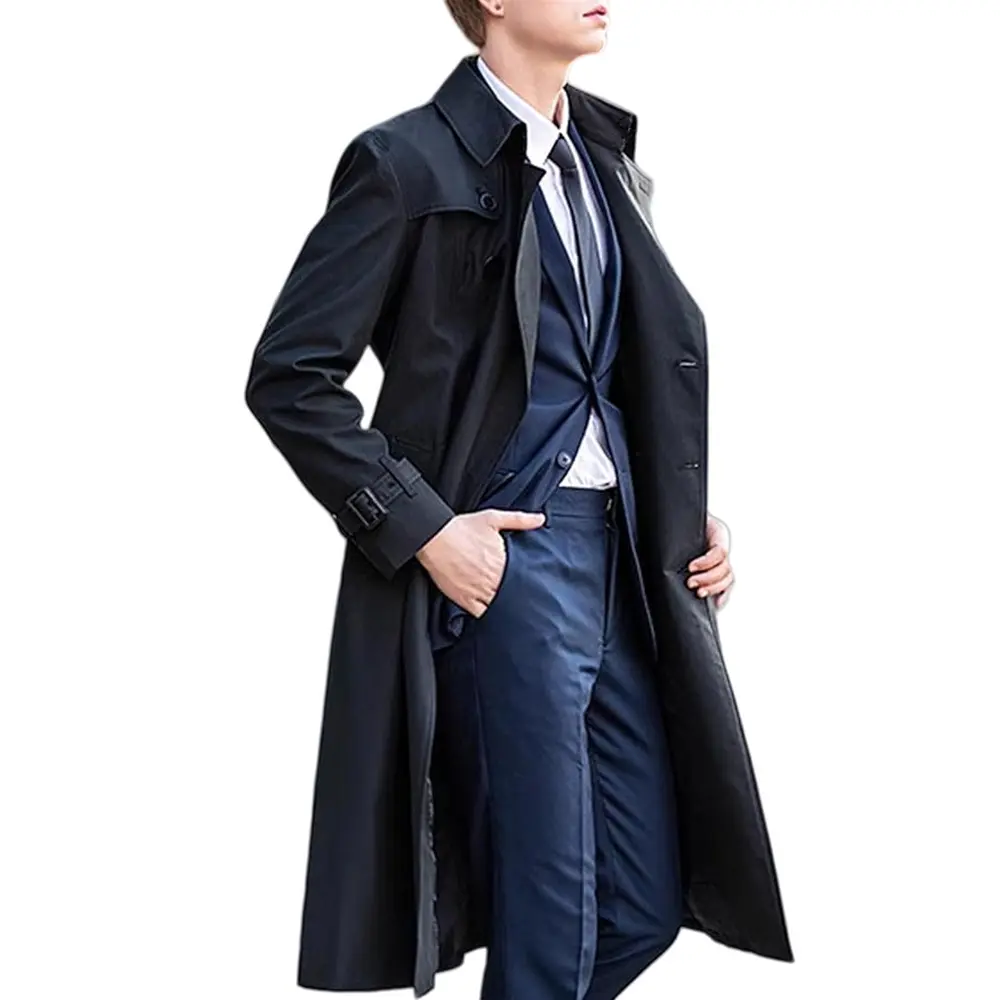 Men’s Long Trench Coat in Polyester Blend, Solid Color Men’s Long Trench Coat in Polyester Blend, Solid Color