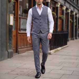 Lightweight Gray Plaid 2-Piece Suit Set for Men