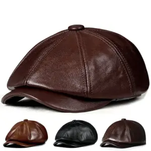 Genuine Leather Vintage Men’s Beret Octagonal Cap