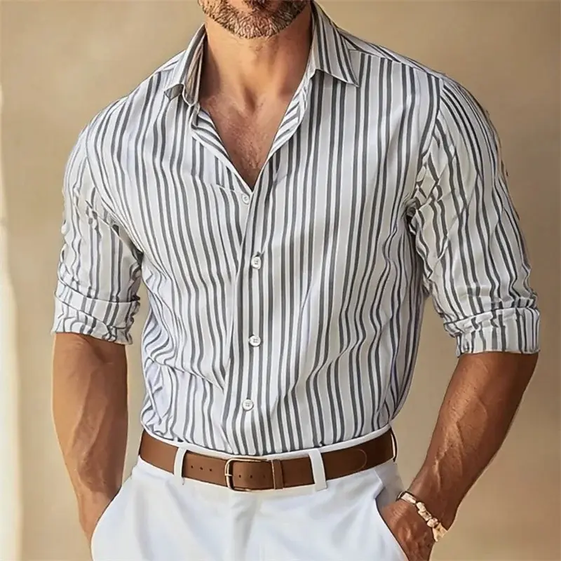 Cotton Lapel Button-Down Striped Collar Shirt for Men Cotton Lapel Button-Down Striped Collar Shirt for Men