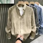 Wrinkle-Resistant Hidden-Pleat Linen Long-Sleeve Shirt