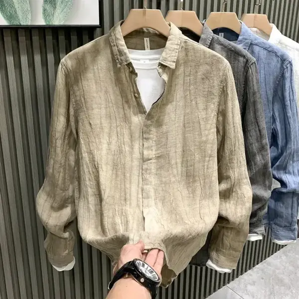 Wrinkle-Resistant Hidden-Pleat Linen Long-Sleeve Shirt