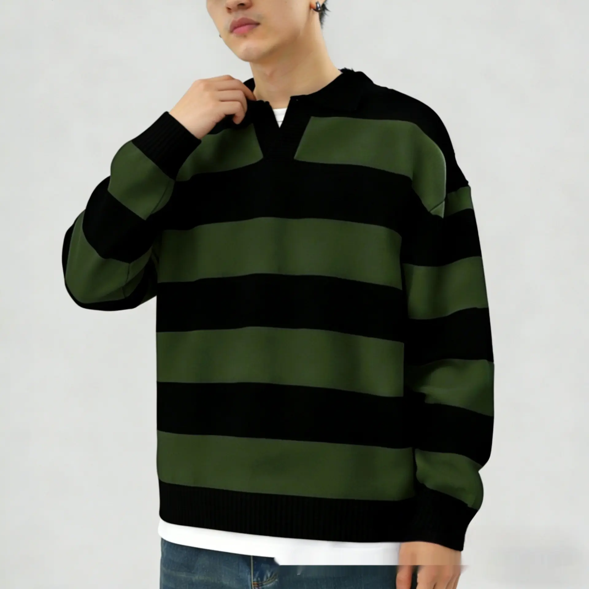 Green Men’s V-Neck Knit Sweater, Contrast Striped Long Sleeve Green Men’s V-Neck Knit Sweater, Contrast Striped Long Sleeve