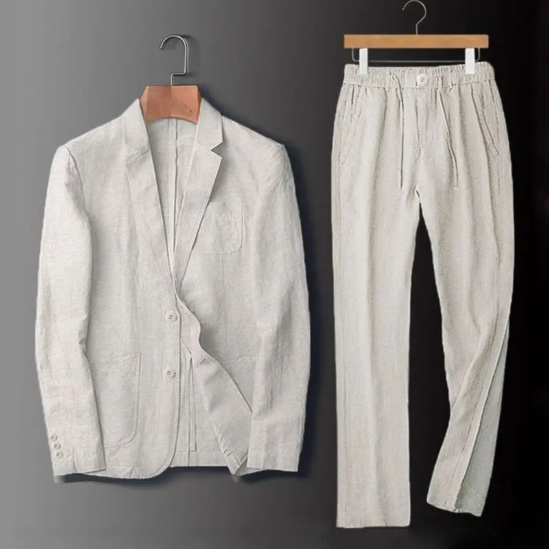 Breathable Linen Suit Set for Men, Slim Fit Lightweight