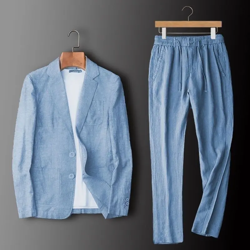 Breathable Linen Suit Set for Men, Slim Fit Lightweight