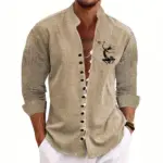 3 D Ancient Ethnic Print Linen Blend Cardigan Shirt - Slim