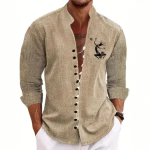 3 D Ancient Ethnic Print Linen Blend Cardigan Shirt - Slim