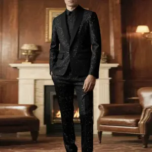 Shiny Black Slim Fit Men’s Suit Set with Fused Interlining