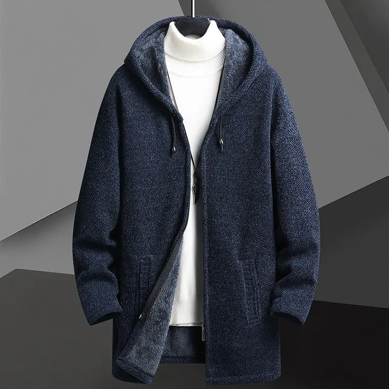 Fall Winter Men Fleece-lined Mid-length Zipper Hooded Sweater Cardigan Fall Winter Men Fleece-lined Mid-length Zipper Hooded Sweater Cardigan