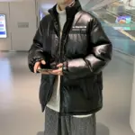 Warmth-Ready Men’s Down Padded Leather Jacket with Pockets