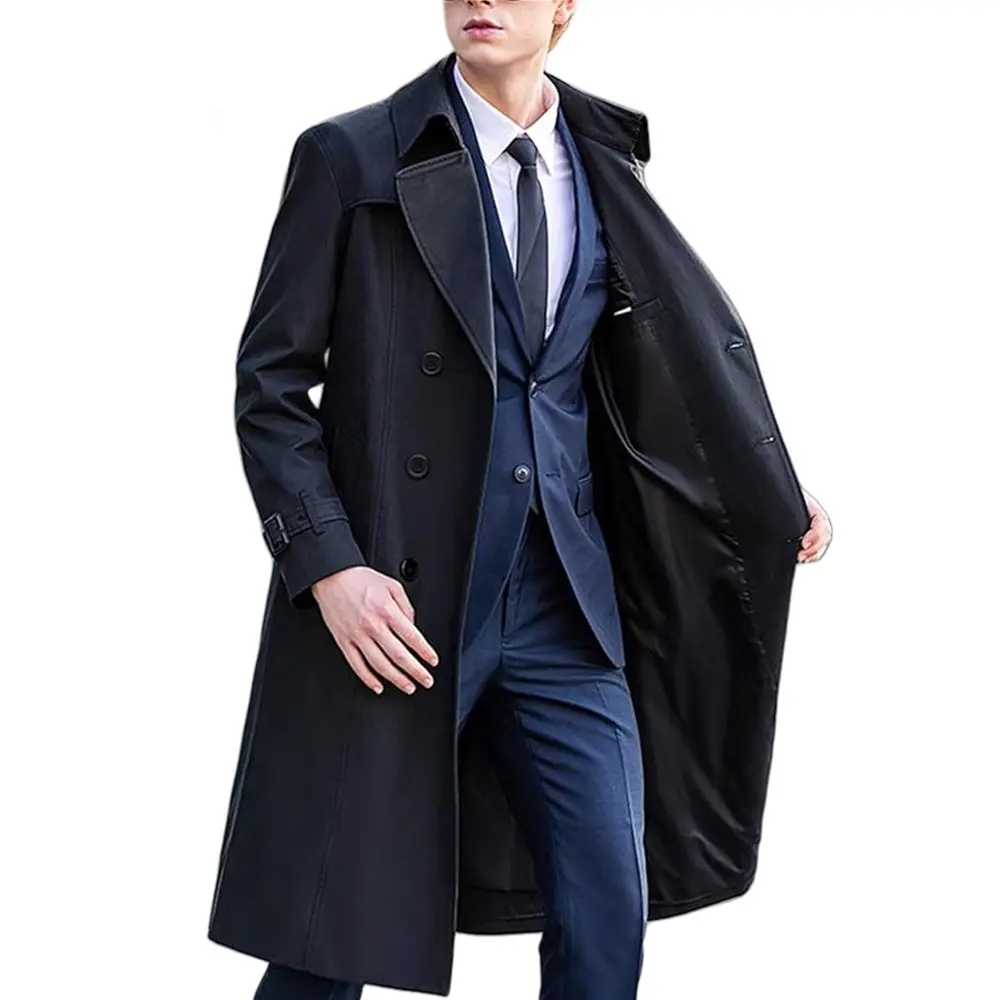Men’s Long Trench Coat in Polyester Blend, Solid Color Men’s Long Trench Coat in Polyester Blend, Solid Color