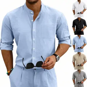Breathable Linen Blend Stand-Up Collar Mens Shirt, Relaxed