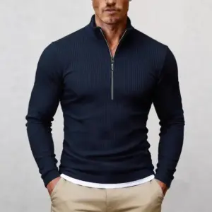 Anti-Static Men's Retro Half-Zip Knit Sweater, Stand-Up Collar