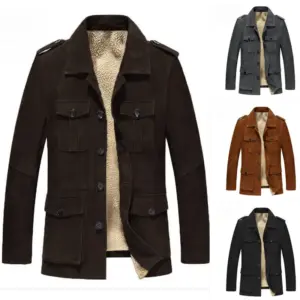 Men's Long Shearling Fleece Faux Fur Coat Jacket - Polyester