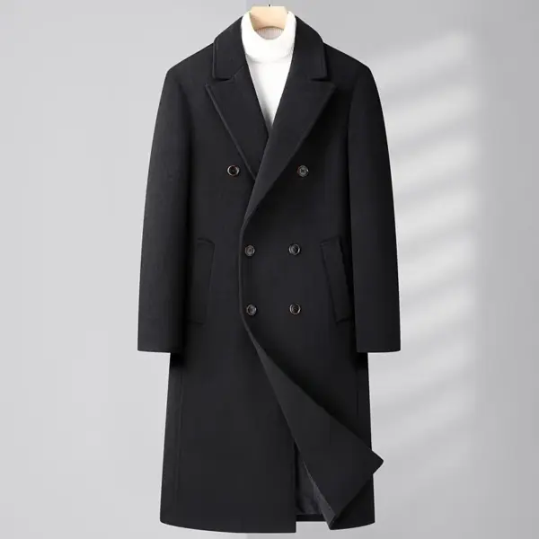 Double-Breasted Long Wool Coat with Straight Hem