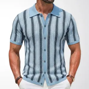 Slim Fit Men’s Striped Knit Cardigan Polo, Viscose Jacquard