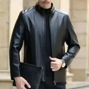 Fleece-Lined Genuine Leather Jacket for Men Stand Collar
