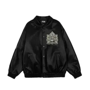 Cartoon Embroidered PU Leather Cotton Jacket Men