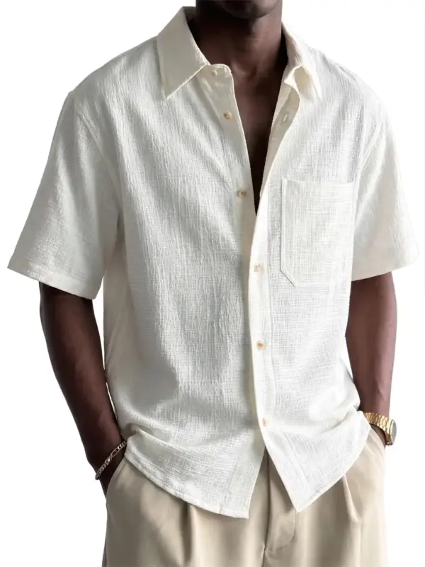 Breathable Cotton-Linen Pocket Loose Fit Short Sleeve Shirt