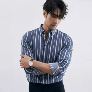 Loose-Fit Cotton Men’s Striped Long Sleeve Shirt for Spring/Autumn