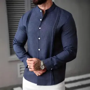 Slim Fit Stand Collar Long Sleeve Shirt for Men - Polyester Slim Fit Stand Collar Long Sleeve Shirt for Men - Polyester