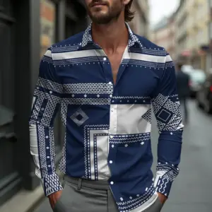 Loose-Fit Men’s Printed Long-Sleeve Shirt, Cardigan Style
