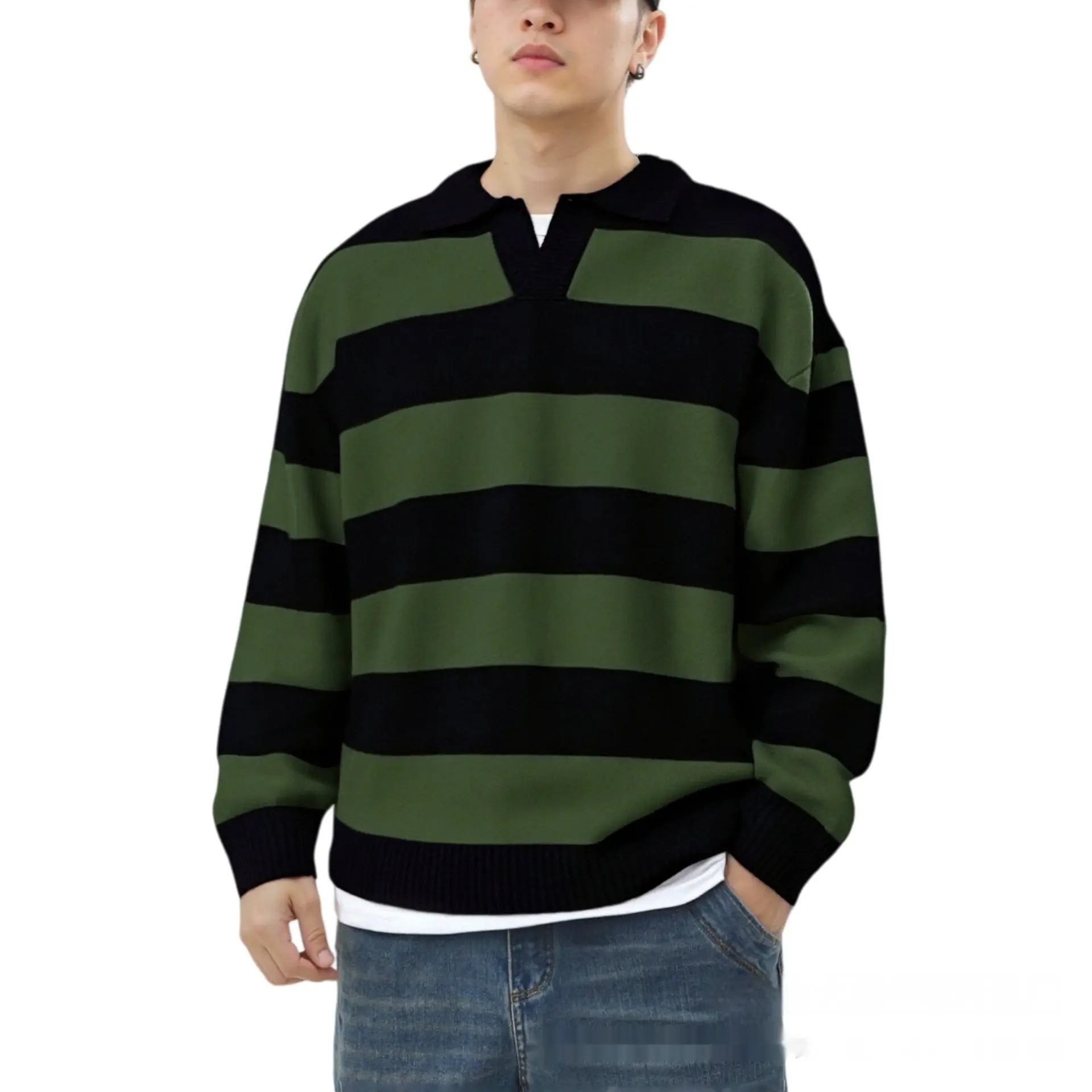 Green Men’s V-Neck Knit Sweater, Contrast Striped Long Sleeve Green Men’s V-Neck Knit Sweater, Contrast Striped Long Sleeve