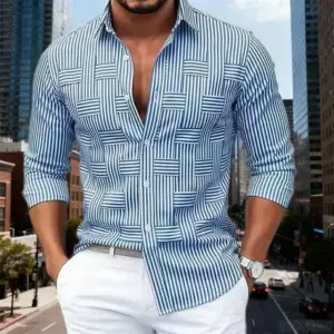 Wrinkle-Resistant No-Iron Blue & White Striped Long Sleeve Shirt
