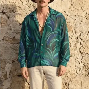 Retro Emerald Tropical Leaf Print Sheer Oversized Shirt
