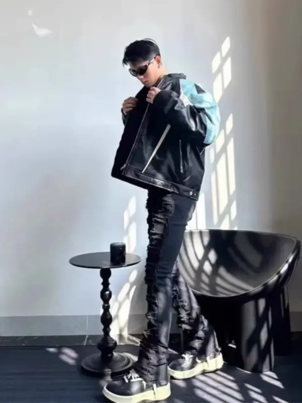 Windproof Leather Motorcycle Jacket for Men, Loose Fit