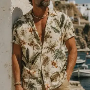 Vintage Tropical Botanical Print Resort Shirt