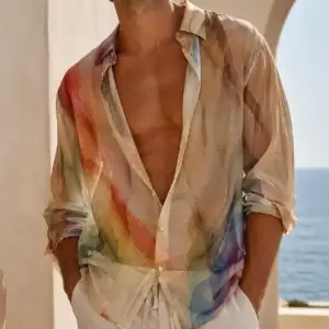 Soft Gradient Watercolor Print Sheer Oversized Shirt for Men