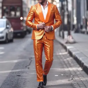 Bold Orange Loose Fit Two-Piece Banquet Suit for Men