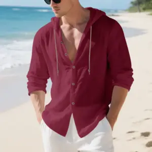 Breathable Linen Hooded Cardigan Shirt for Men, Long Sleeve