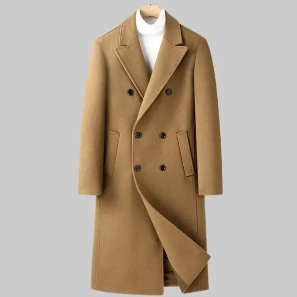 Double-Breasted Long Wool Coat with Straight Hem