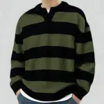 e431031e-267c-4a5c-8c71-9c7b1a362e59_fine.webp Green Men’s V-Neck Knit Sweater, Contrast Striped Long Sleeve