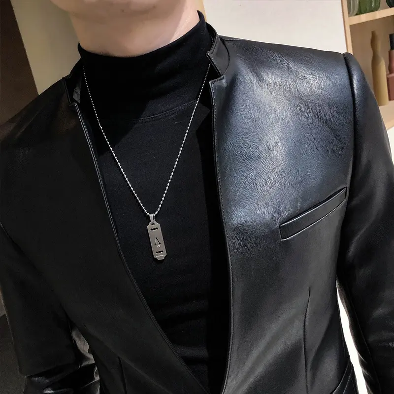 Slim Fit Faux Leather Jacket for Men, Vintage Narrow Collar