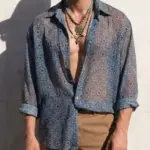 Sheer Moroccan Tile Print Men’s Blue Shirt for Layering