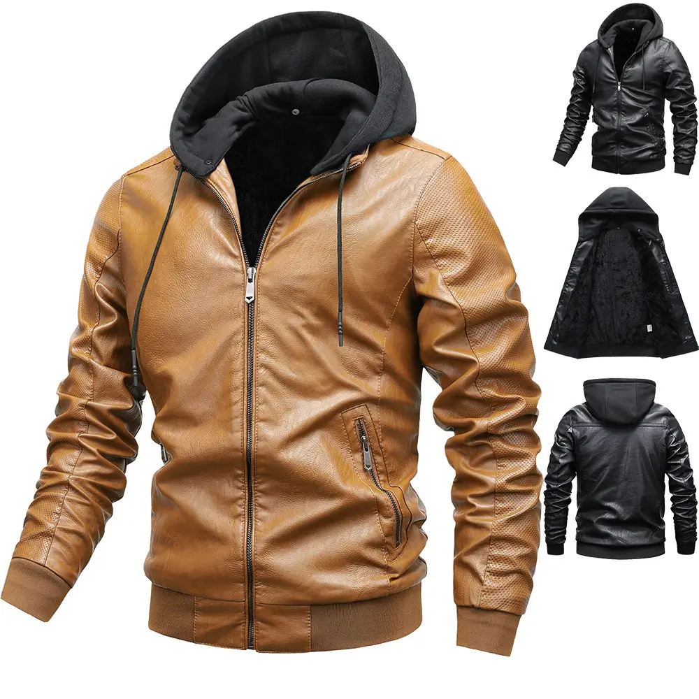 Winter Stand-Up Collar PU Leather Jacket for Men with Hood Winter Stand-Up Collar PU Leather Jacket for Men with Hood