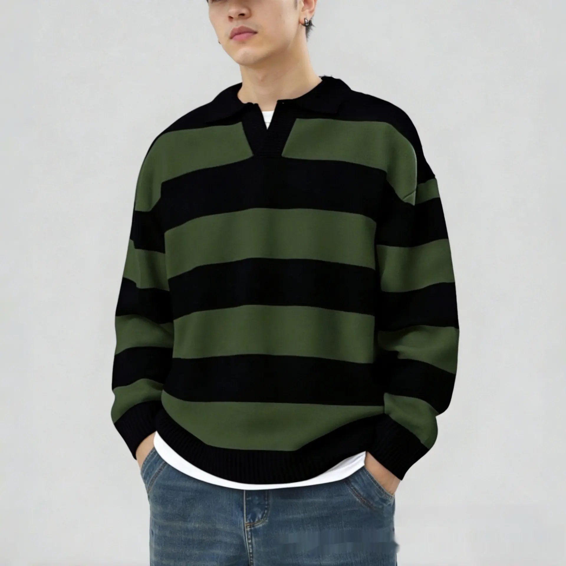 Green Men’s V-Neck Knit Sweater, Contrast Striped Long Sleeve Green Men’s V-Neck Knit Sweater, Contrast Striped Long Sleeve