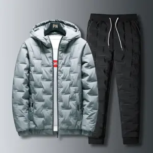 Warm Hooded Down Padded Jacket Set for Men - Polyester Fiber