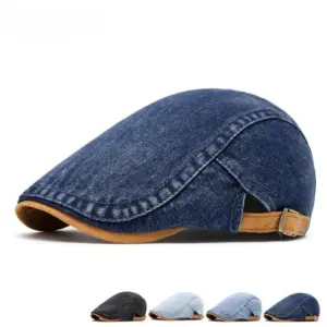 Adjustable Cotton Beret with Washed-Out Denim Finish - Flat Top